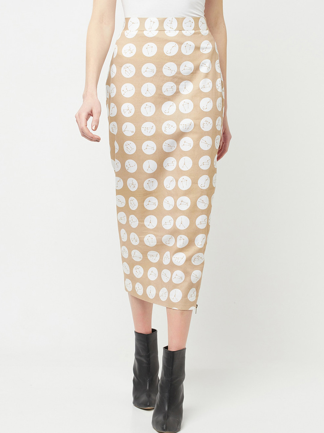 Crimsoune Club X Nikhil Thampi Women Beige & White Printed Pencil Midi Skirt