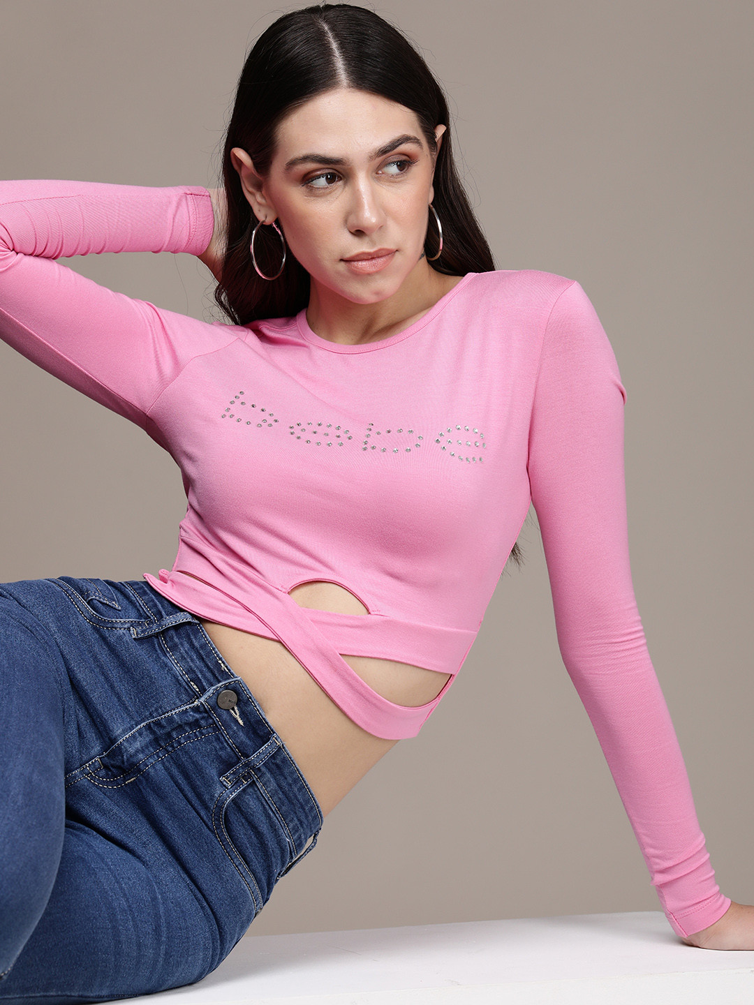 bebe Women Pink Brand Logo Self Design Crop T-shirt
