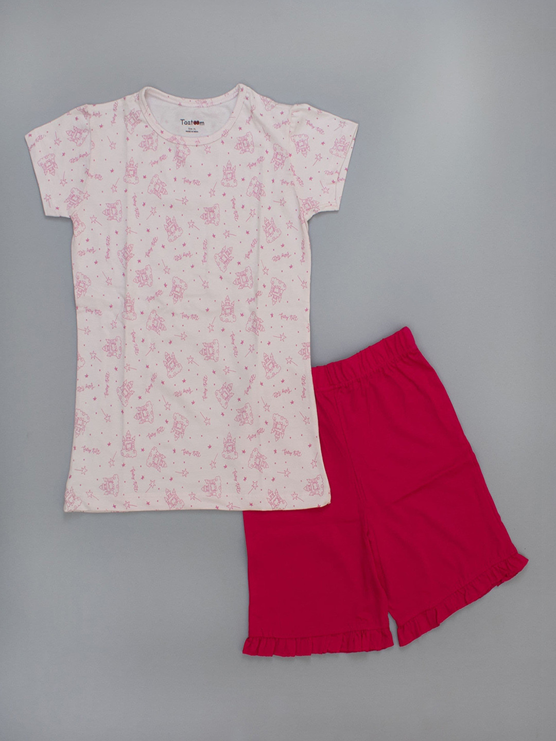 Taatoom Girls Pink & White Printed Pure Cotton Night suit