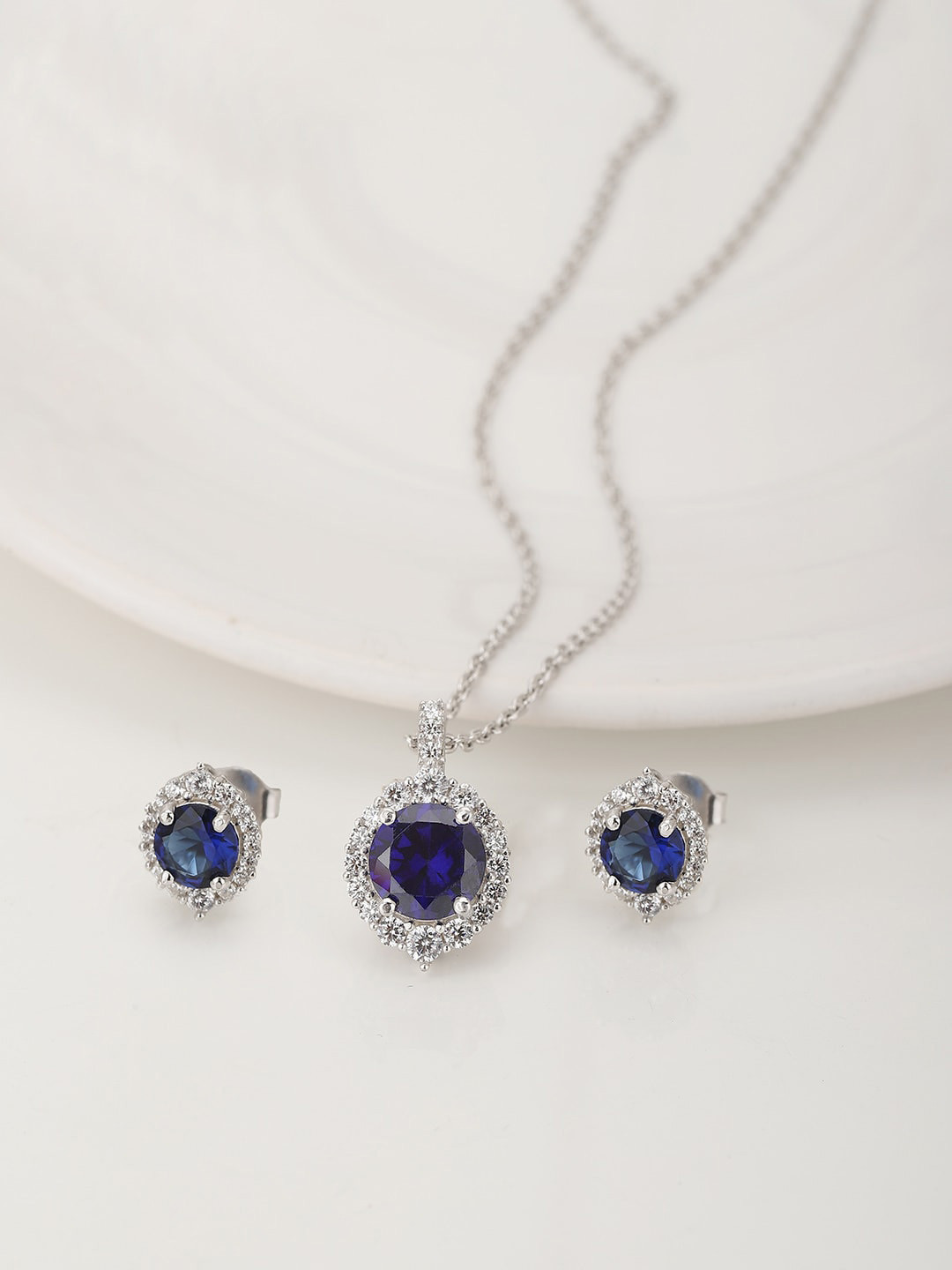VANBELLE Sterling Silver Rhdium-Plated Blue CZ-Studded Jewellery Set