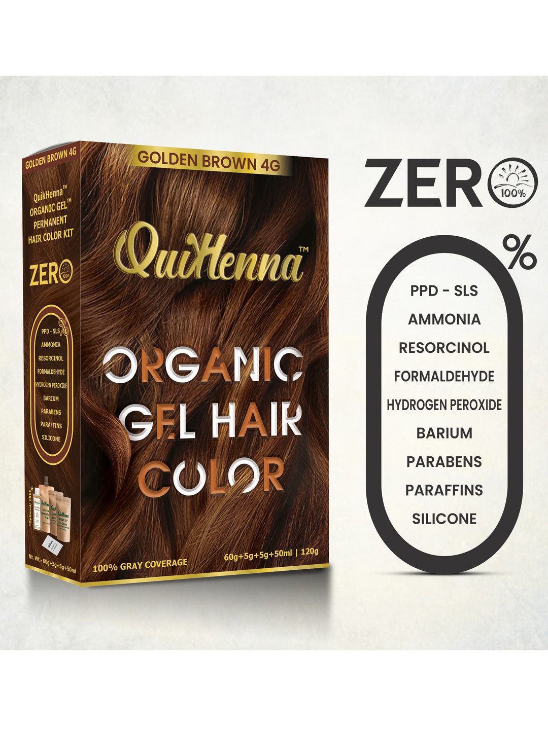 QUIKHENNA Damage Free Organic Gel Hair Color 120 g - Golden Brown 4G