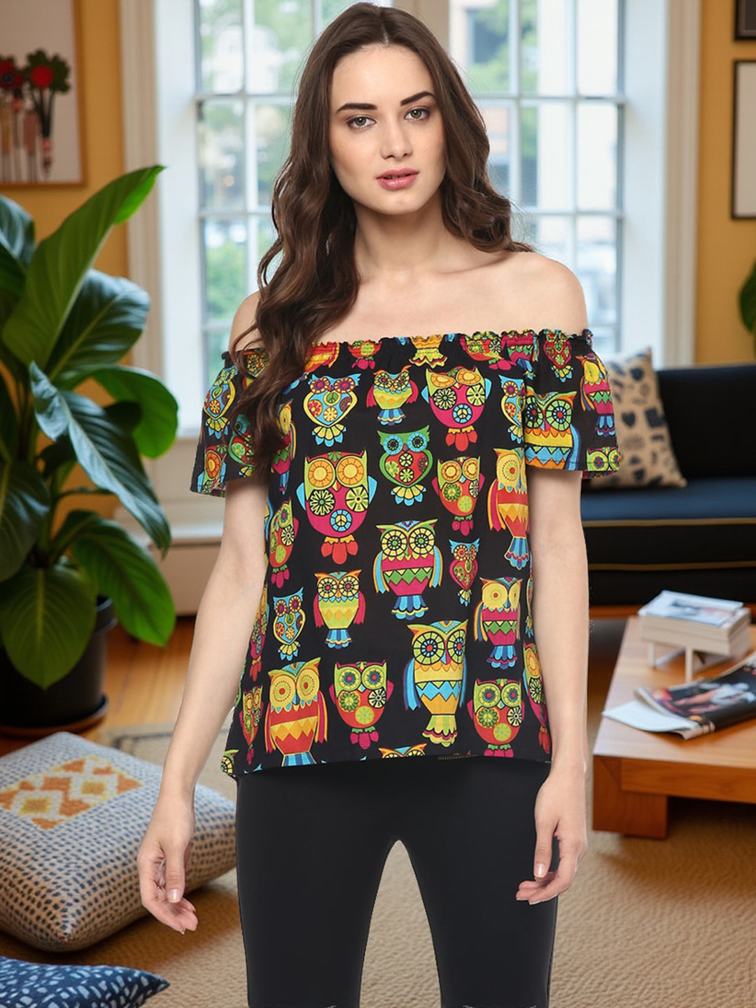 Pannkh Women Black Qwl Print Bardot Pure Cotton Top