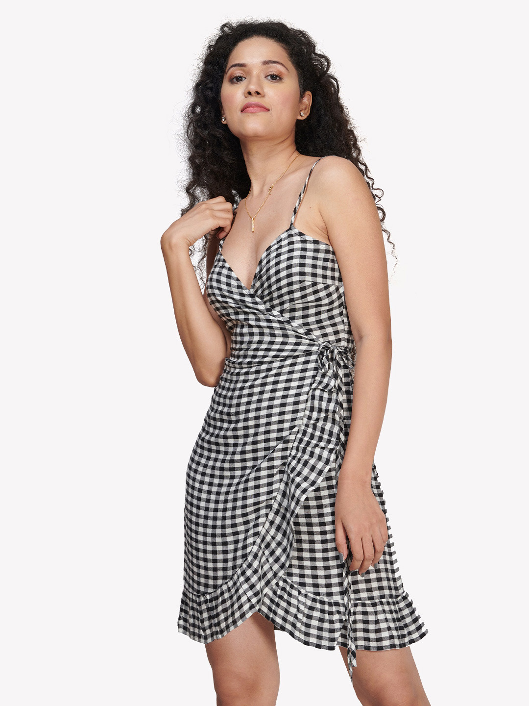 VASTRADO Checks Checked Cotton Above Knee Wrap Dress