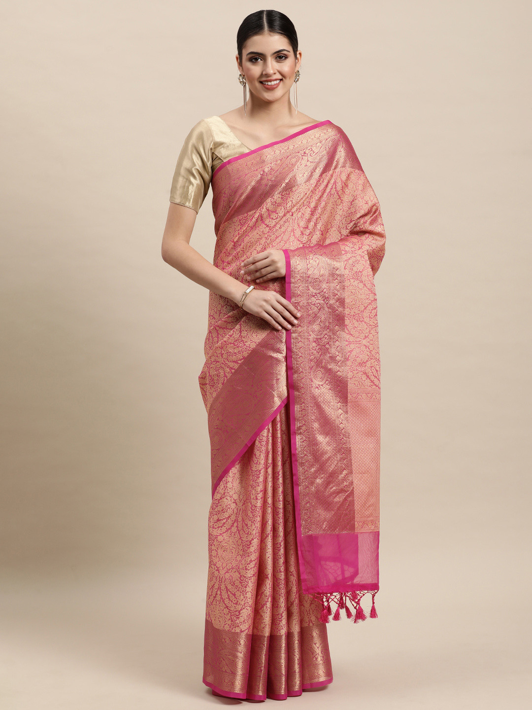 MOHEY Pink & Golden Ethnic Motifs Woven Design Saree