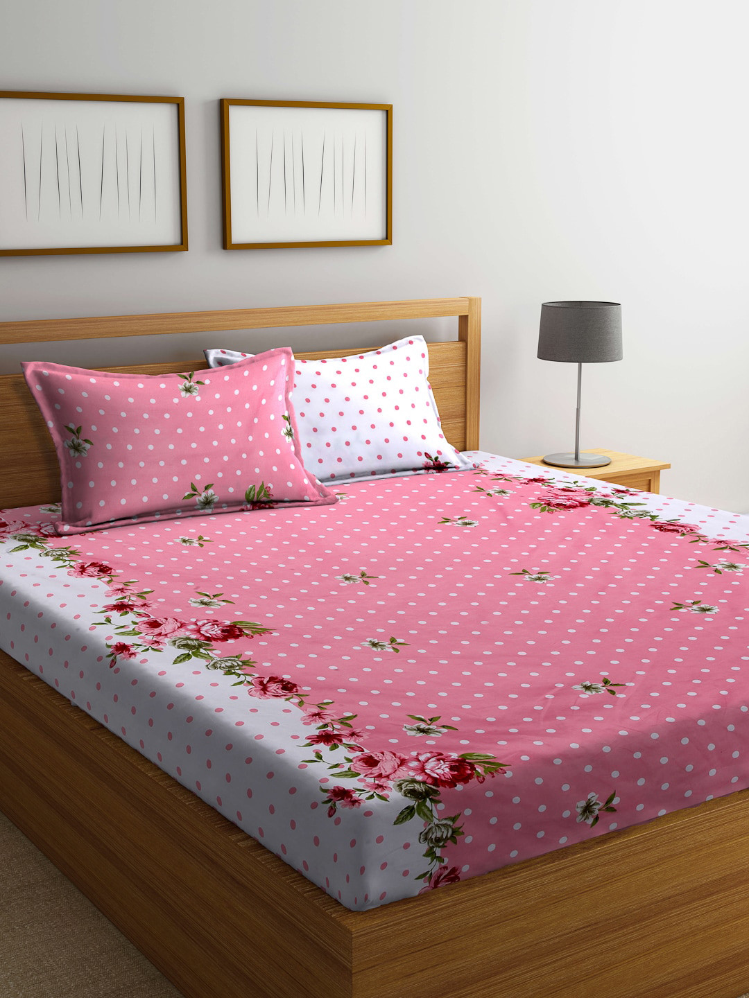 Arrabi Pink Floral Cotton 300 TC King Fine Bedsheet with 2 Pillow Covers-98 x 85 inches