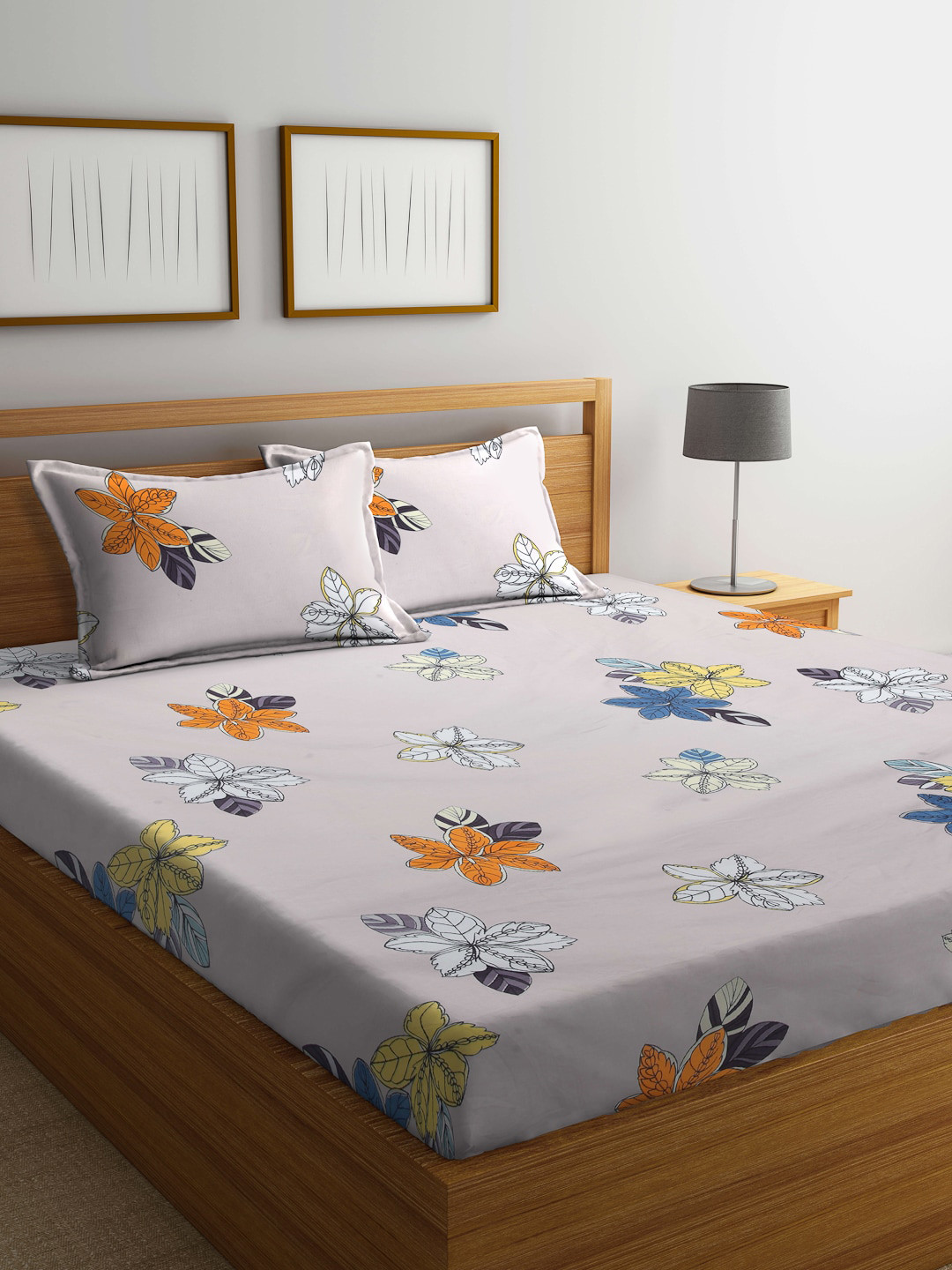Arrabi Beige Floral Cotton 300 TC King Fine Bedsheet with 2 Pillow Covers-98 x 85 inches