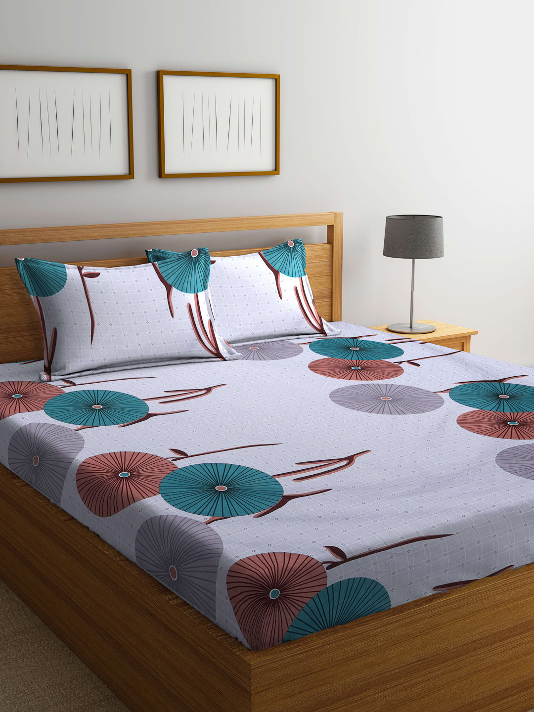 Arrabi Grey Floral Polycotton 300 TC King Fine Bedsheet with 2 Pillow Covers-98 x 87 inches