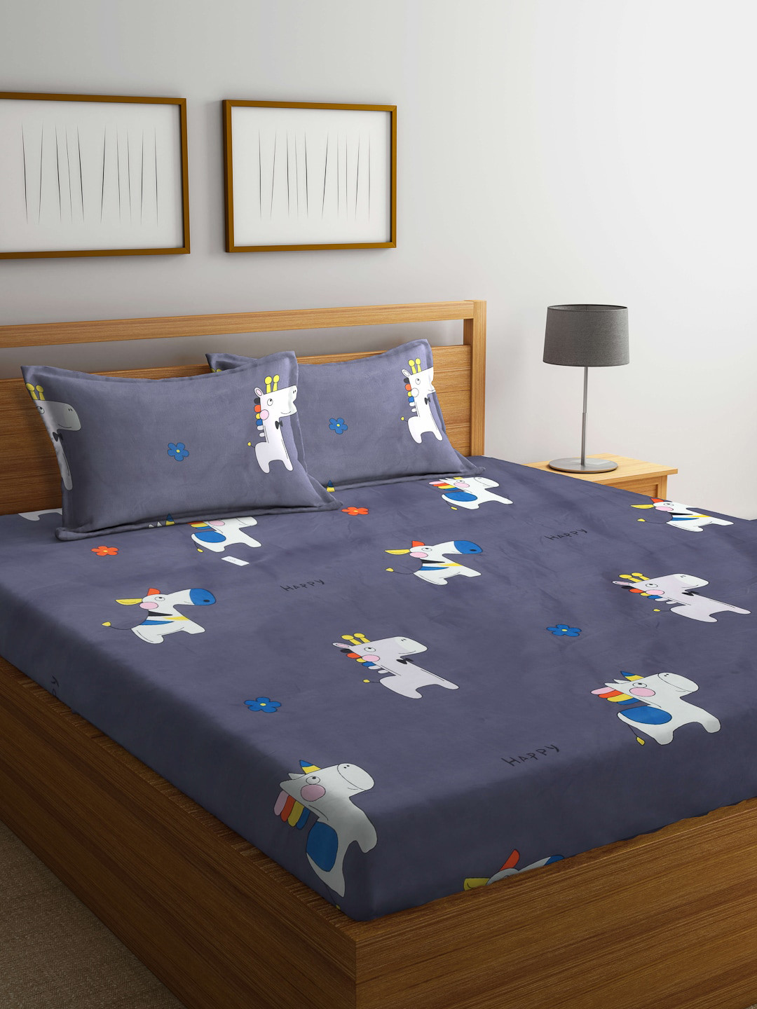 Arrabi Grey Conversational Polycotton 300 TC Double Fine Bedsheet with 2 Pillow Covers-250 x 215 cm