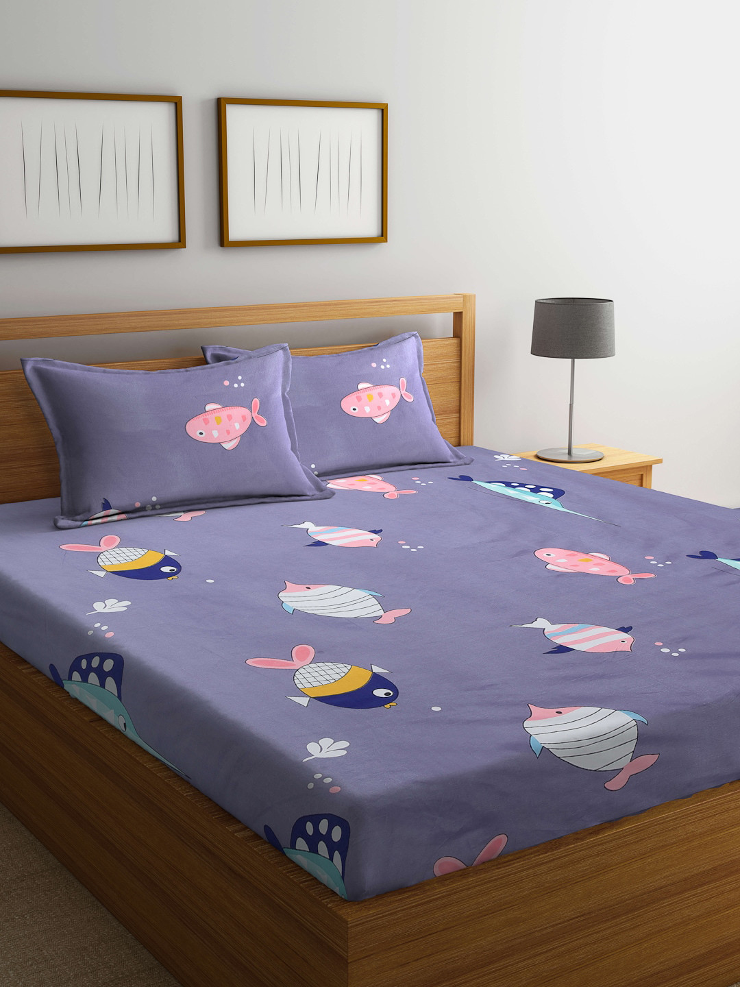 Arrabi Grey Conversational Cotton 300 TC Double Fine Bedsheet with 2 Pillow Covers-215 x 218 cm