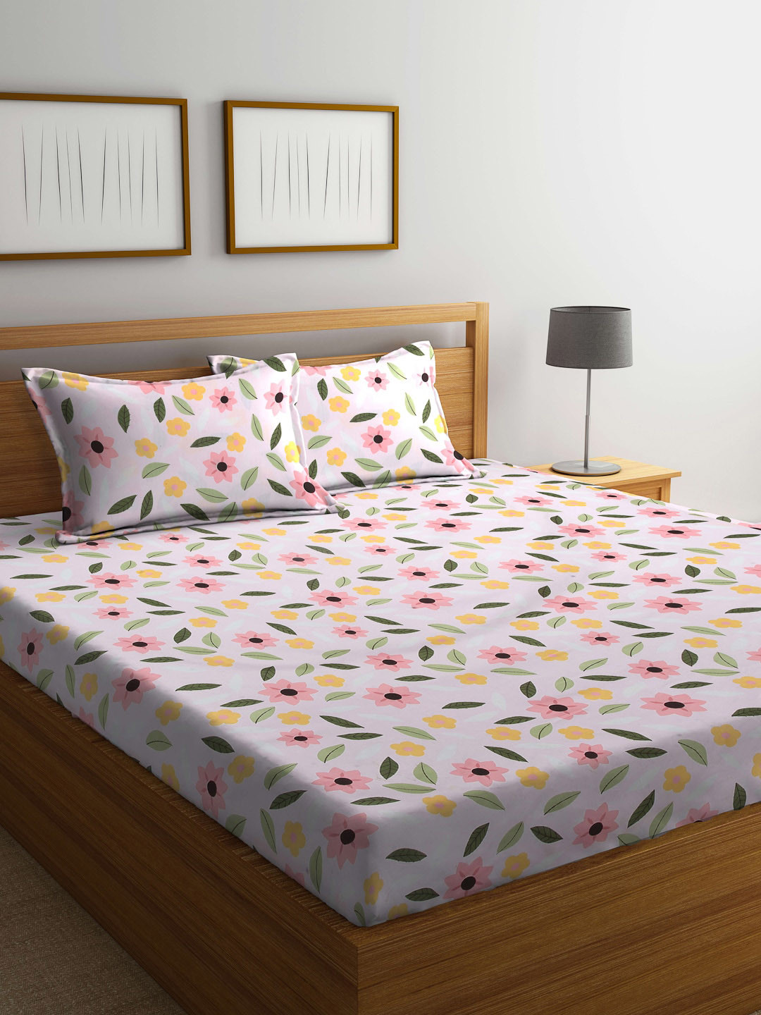 Arrabi Percale Pink Floral Cotton 300 TC King Fine Bedsheet with 2 Pillow Covers-98 x 85 inches