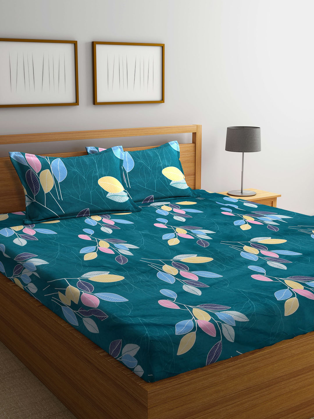 Arrabi Green Leaf Cotton 300 TC King Fine Bedsheet with 2 Pillow Covers- 270 x 260 cm