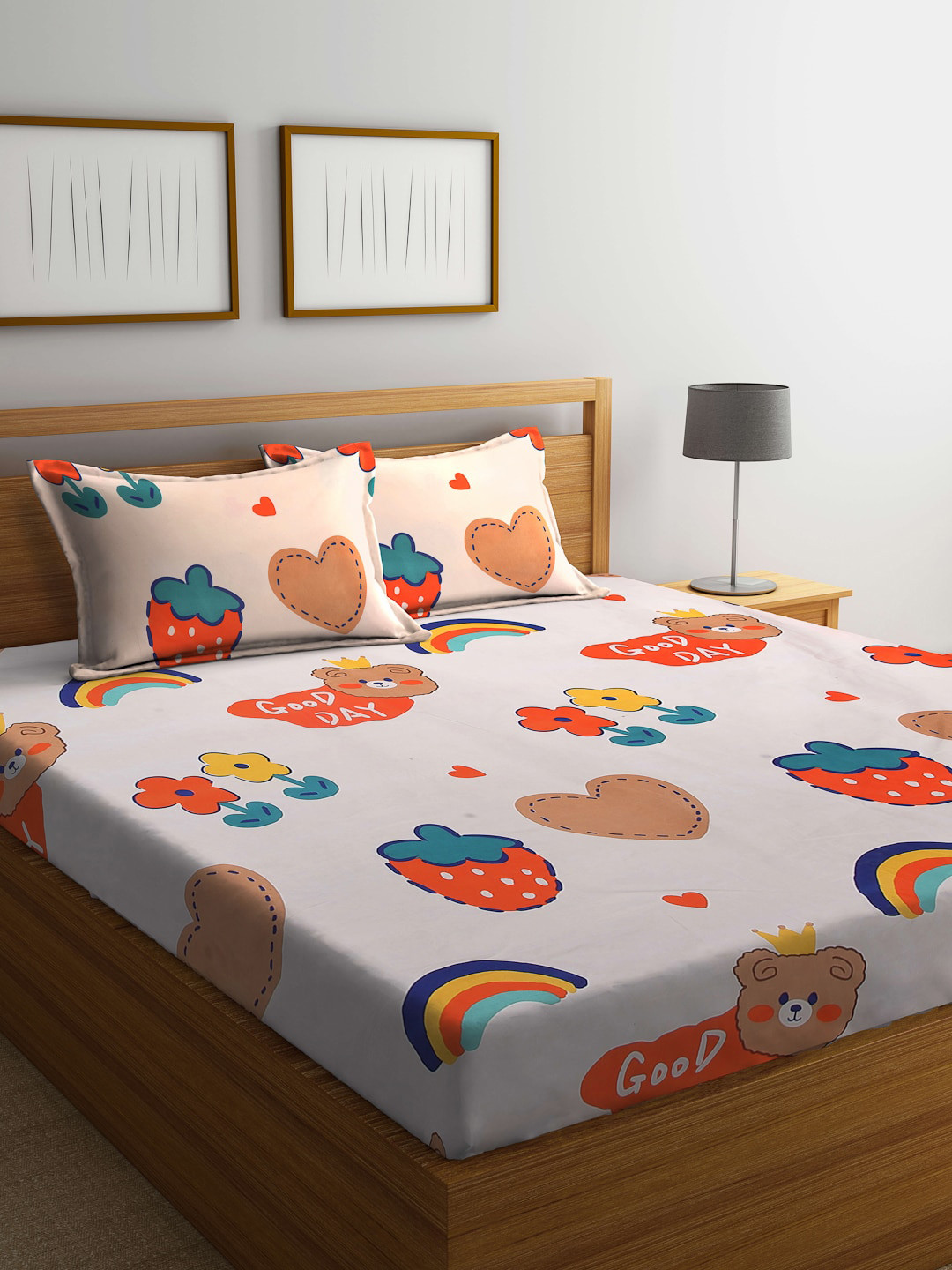 Arrabi Pink Graphic Polycotton 300 TC King Fine Bedsheet with 2 Pillow Covers-98 x 85 inches
