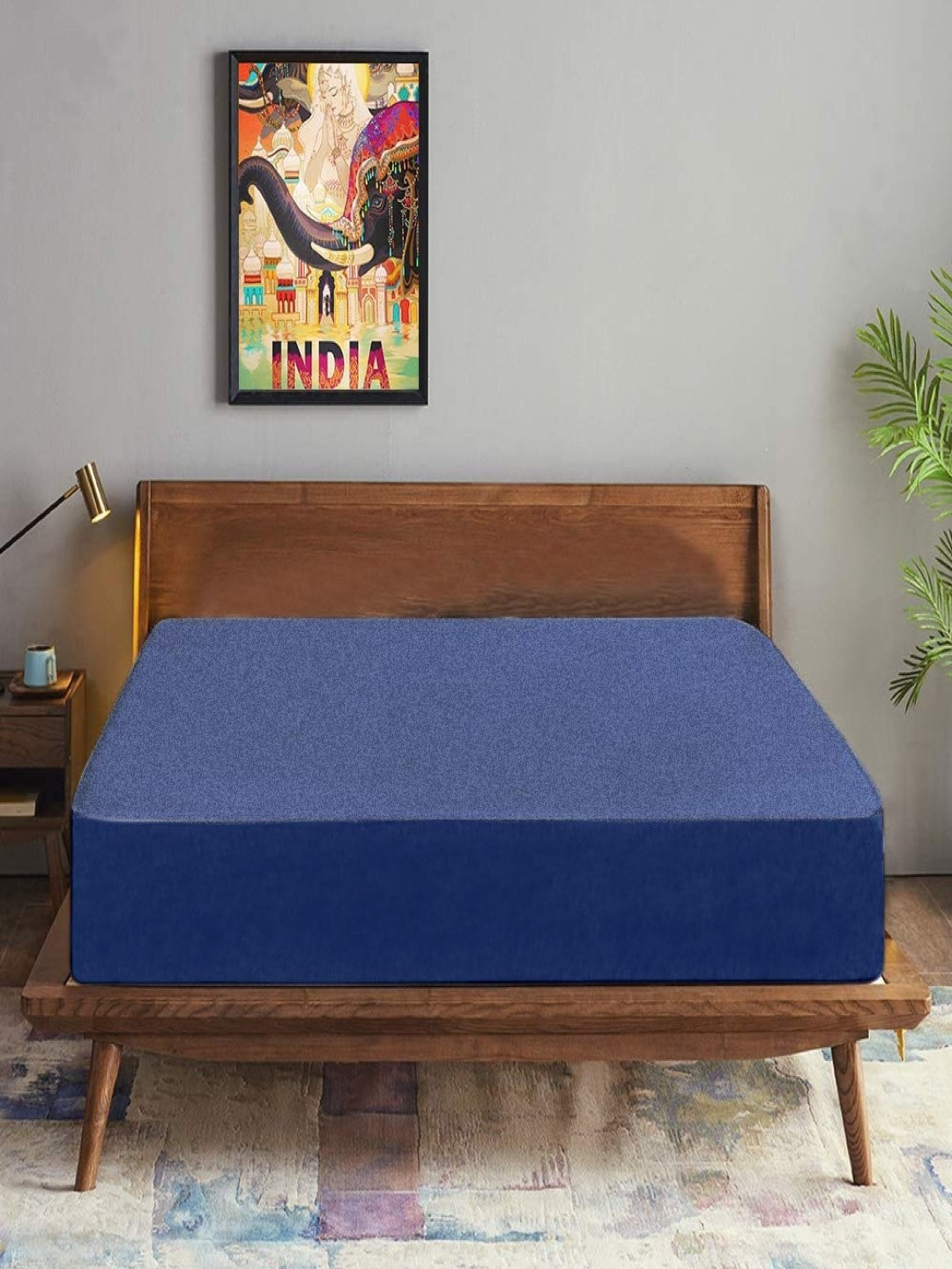 Trance Home Linen Blue Solid King Size Mattress Protector