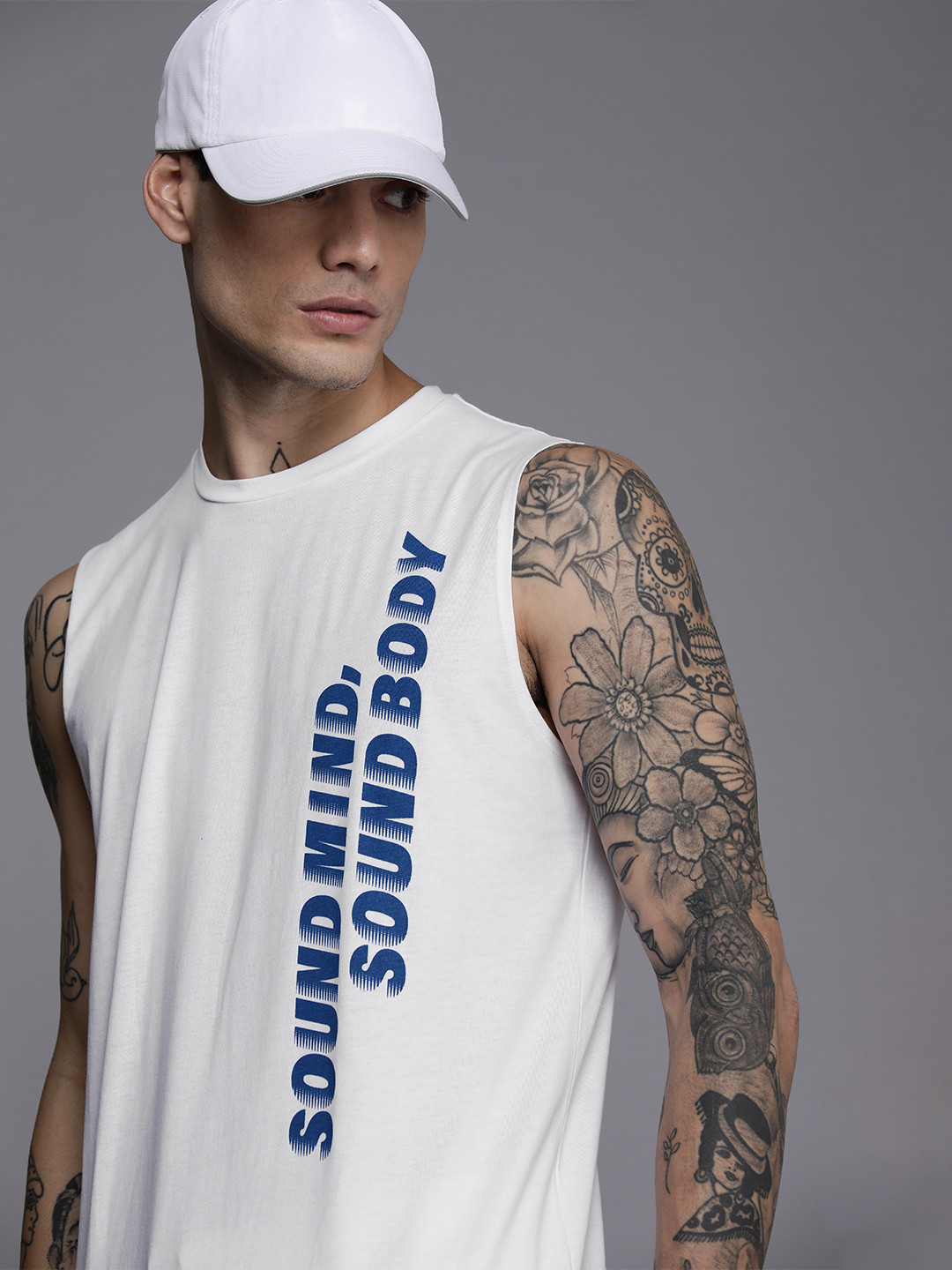ASICS Men White & Blue Typography Printed Sleeveless T-shirt