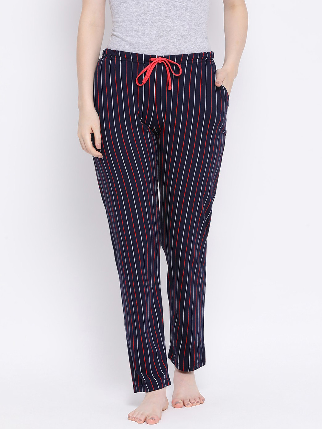 Kanvin Women Navy Blue Striped Cotton Lounge Pants