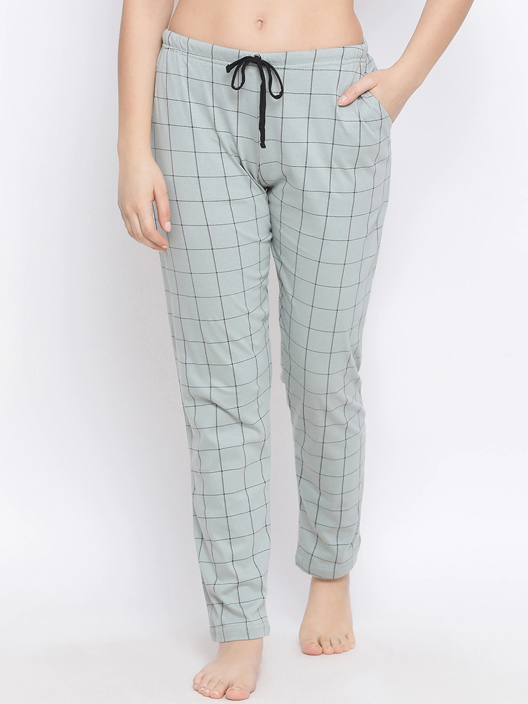 Kanvin Women Green Checked Cotton Lounge Pants