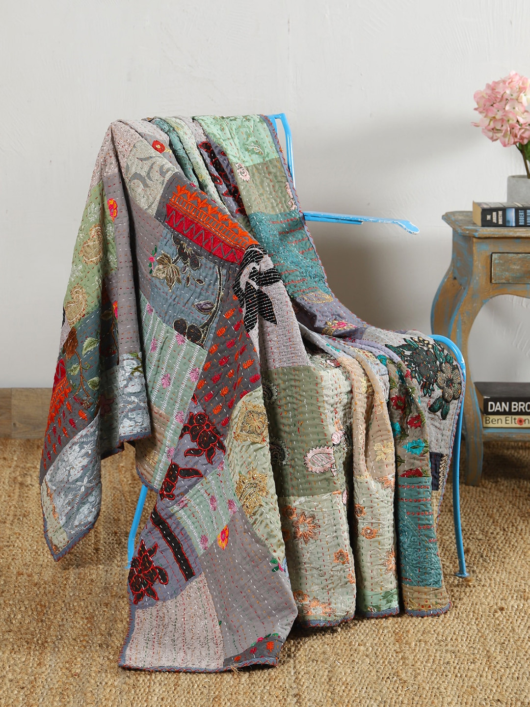 HANDICRAFT PALACE Grey Kantha Embroidered Cotton Throws