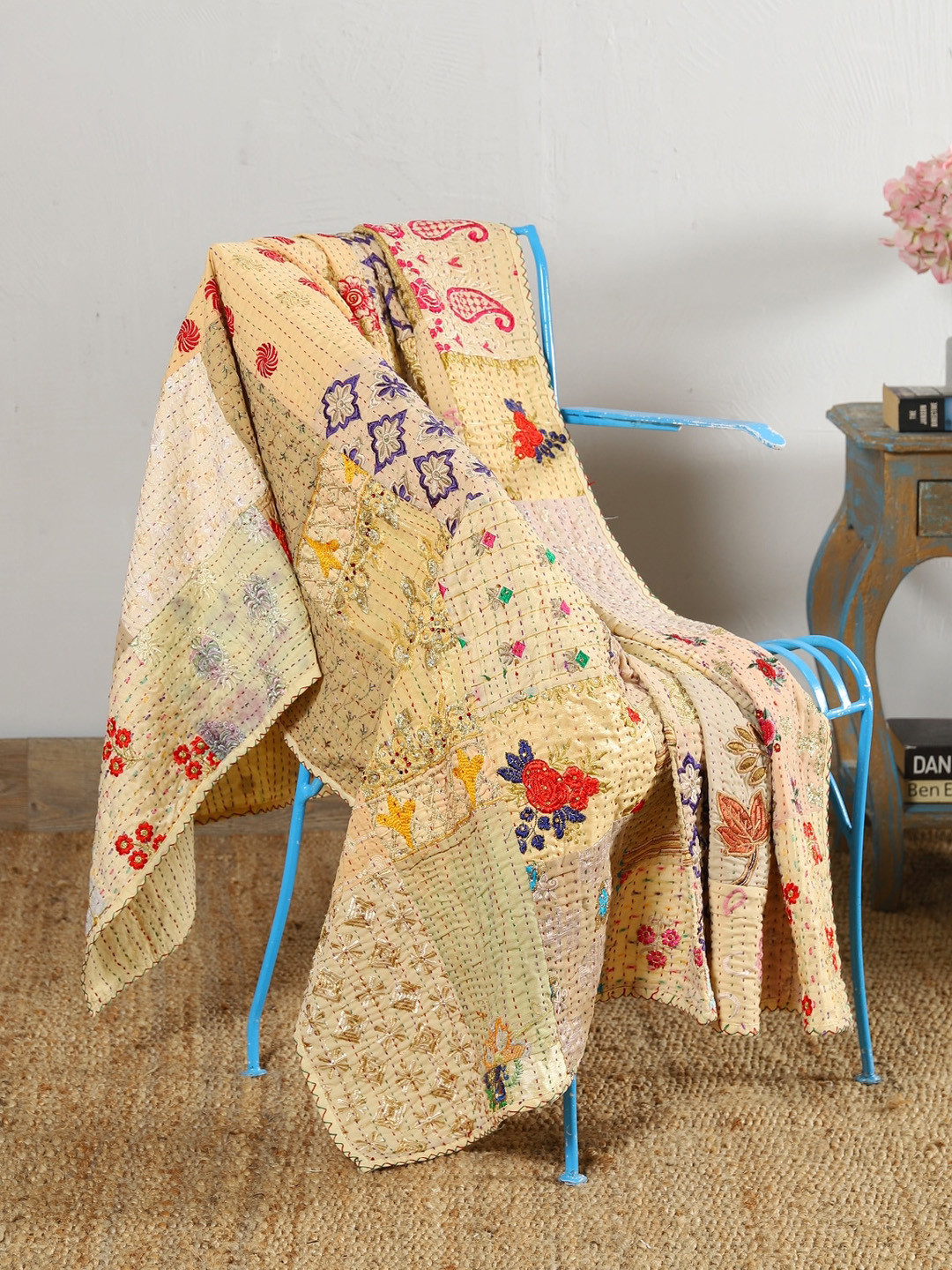 HANDICRAFT PALACE Beige & Red  Embroidered Cotton Throws