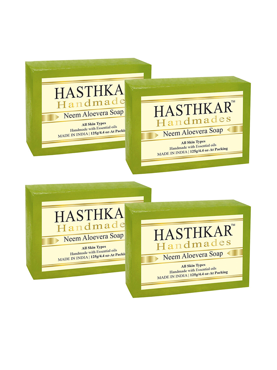 Hasthkar Set of 4 Neem Aloe Vera Handmade Soaps for All Skin Types - 125 g Each