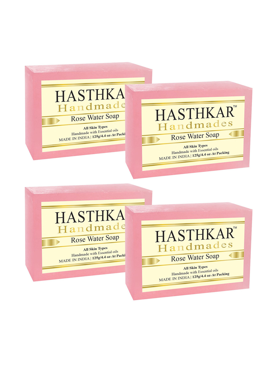 Hasthkar Set of 4 Handmade Rose Water Soap for All Skin Types - 125 g Each