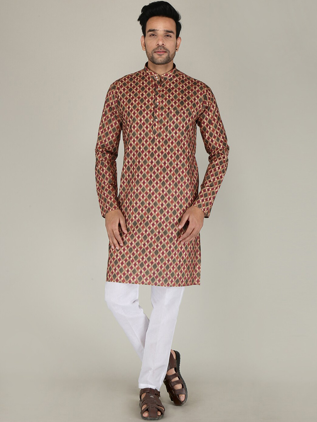 FUBAR Men Maroon Floral Embroidered Pleated Pure Cotton Kurti with Pyjamas