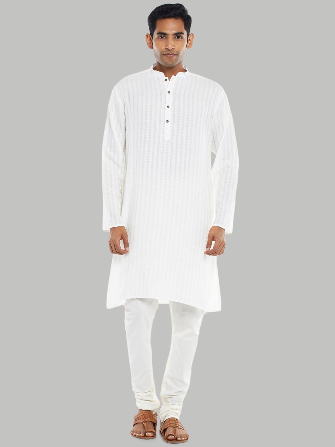 indus route by Pantaloons Men Off White & star white Striped Thread Work Dobby Kurta