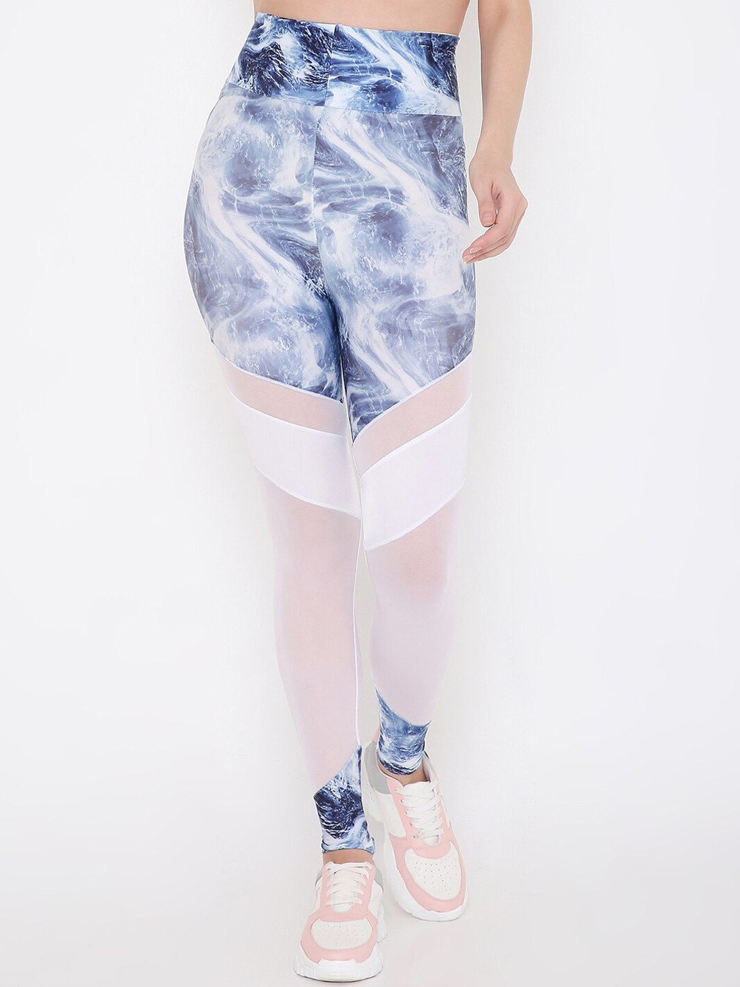 Berrys Intimatess Women Blue & White Moon Abstract Printed Mesh Gym Sports Leggings