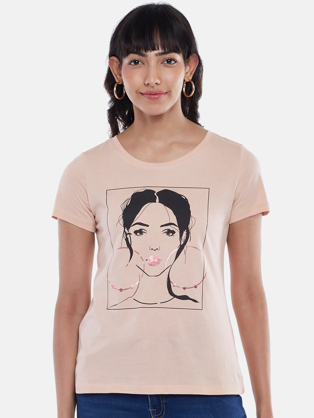 Honey by Pantaloons Women Peach-Coloured Printed T-shirt