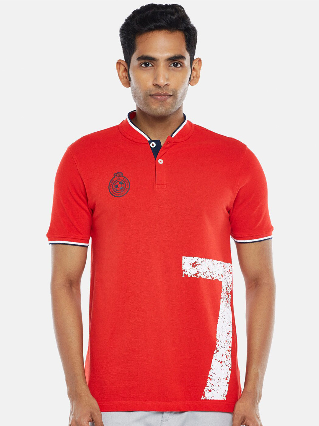 BYFORD by Pantaloons Men Red Mandarin Collar Applique Slim Fit T-shirt