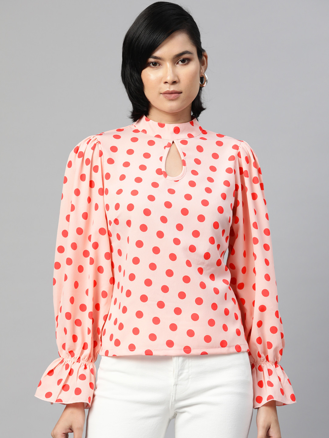 plusS Cream-Coloured & Red Polka Dots Print Bell Sleeves Keyhole Neck Top