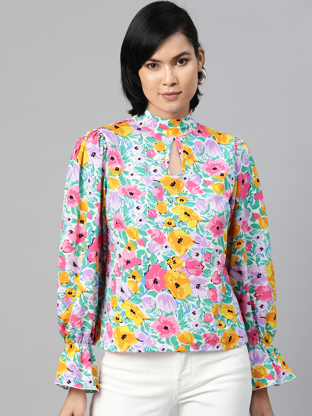 Multicoloured Floral Print High Neck Bell Sleeves Top