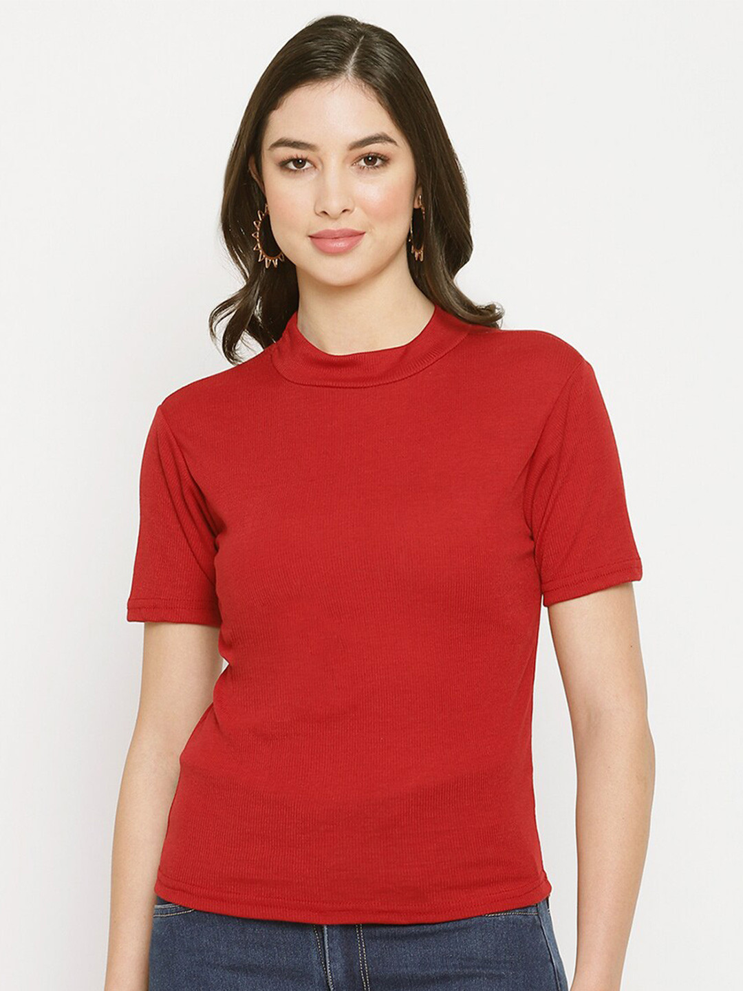 Miaz Lifestyle Red & cayenne Ruffles Indigo Chambray Top