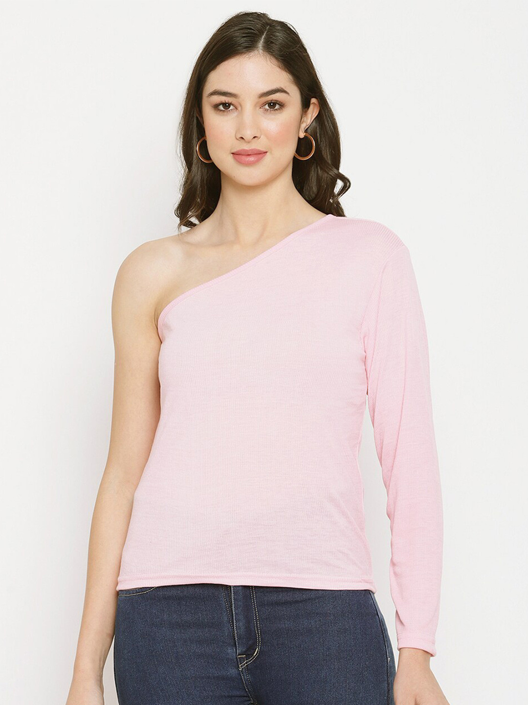 Miaz Lifestyle Pink & rosewater One Shoulder Ruffles Indigo Chambray Top