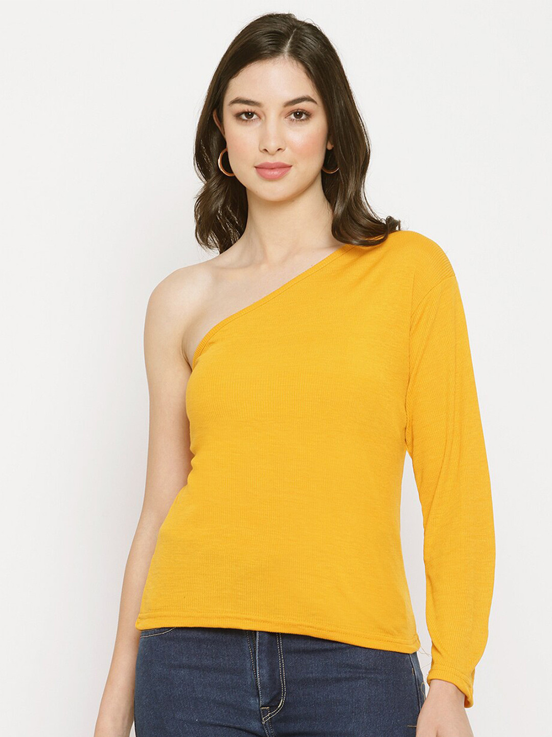 Miaz Lifestyle Mustard Yellow & maize One Shoulder Ruffles Indigo Chambray Top
