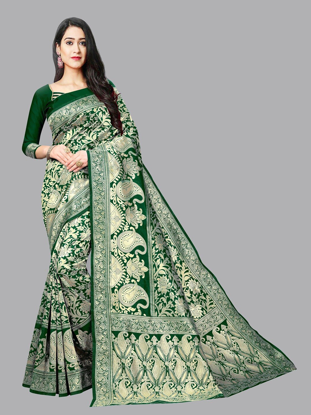 Shiroya Brothers Green & Gold-Toned Woven Design Zari Silk Blend Banarasi Saree