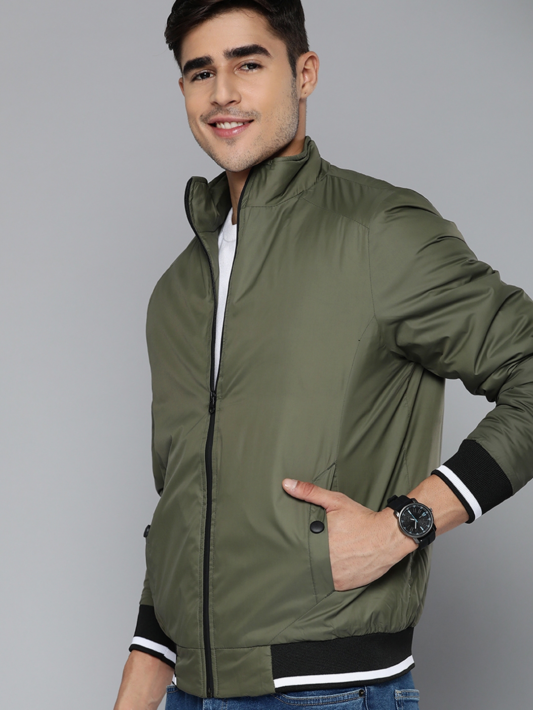 Men Olive Regular Fit Padded Solid Jacket