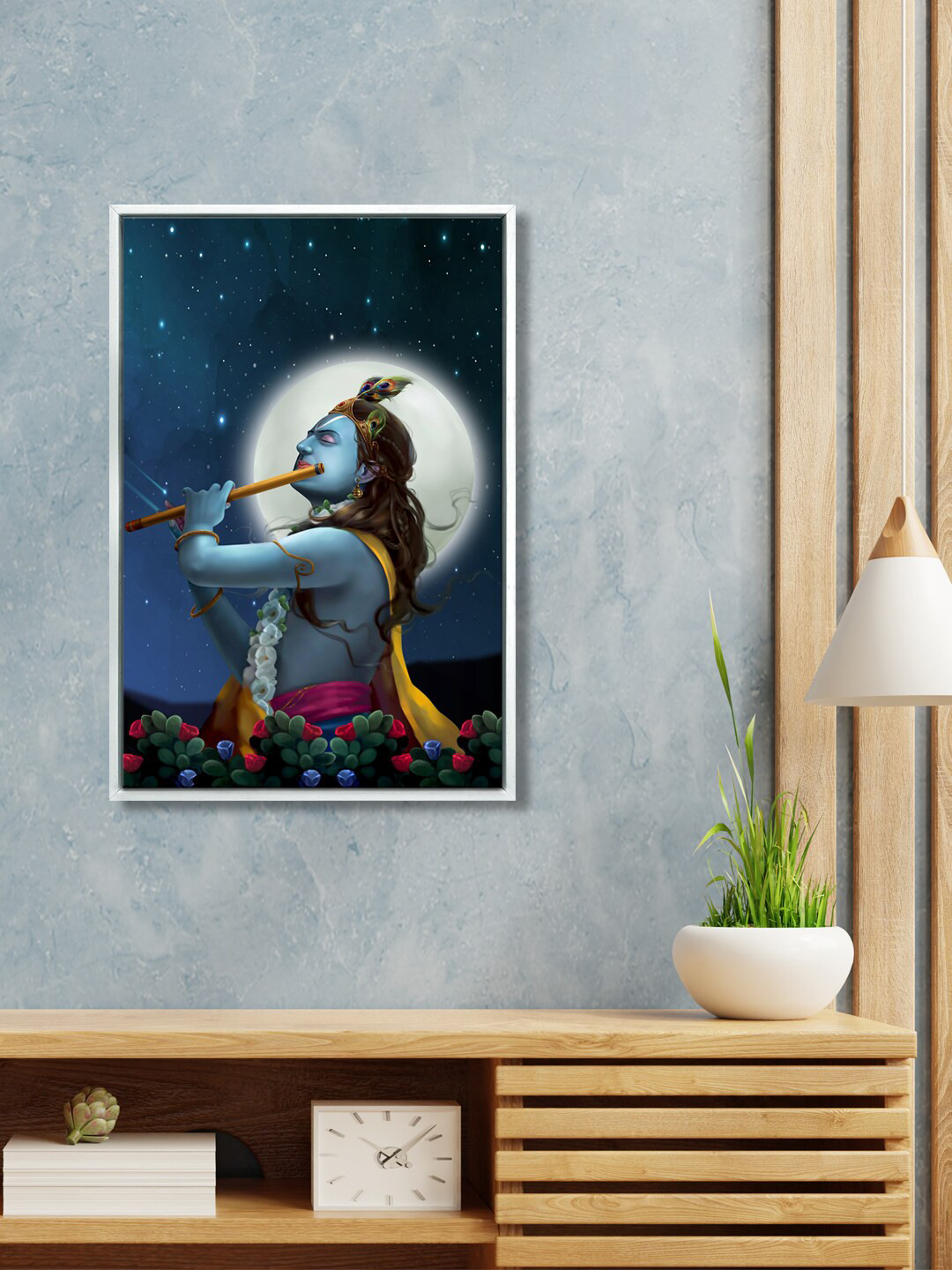 999Store Lord Krishna Playing Flute With Moon Canvas Paintings Wall Art - 16 x 24In