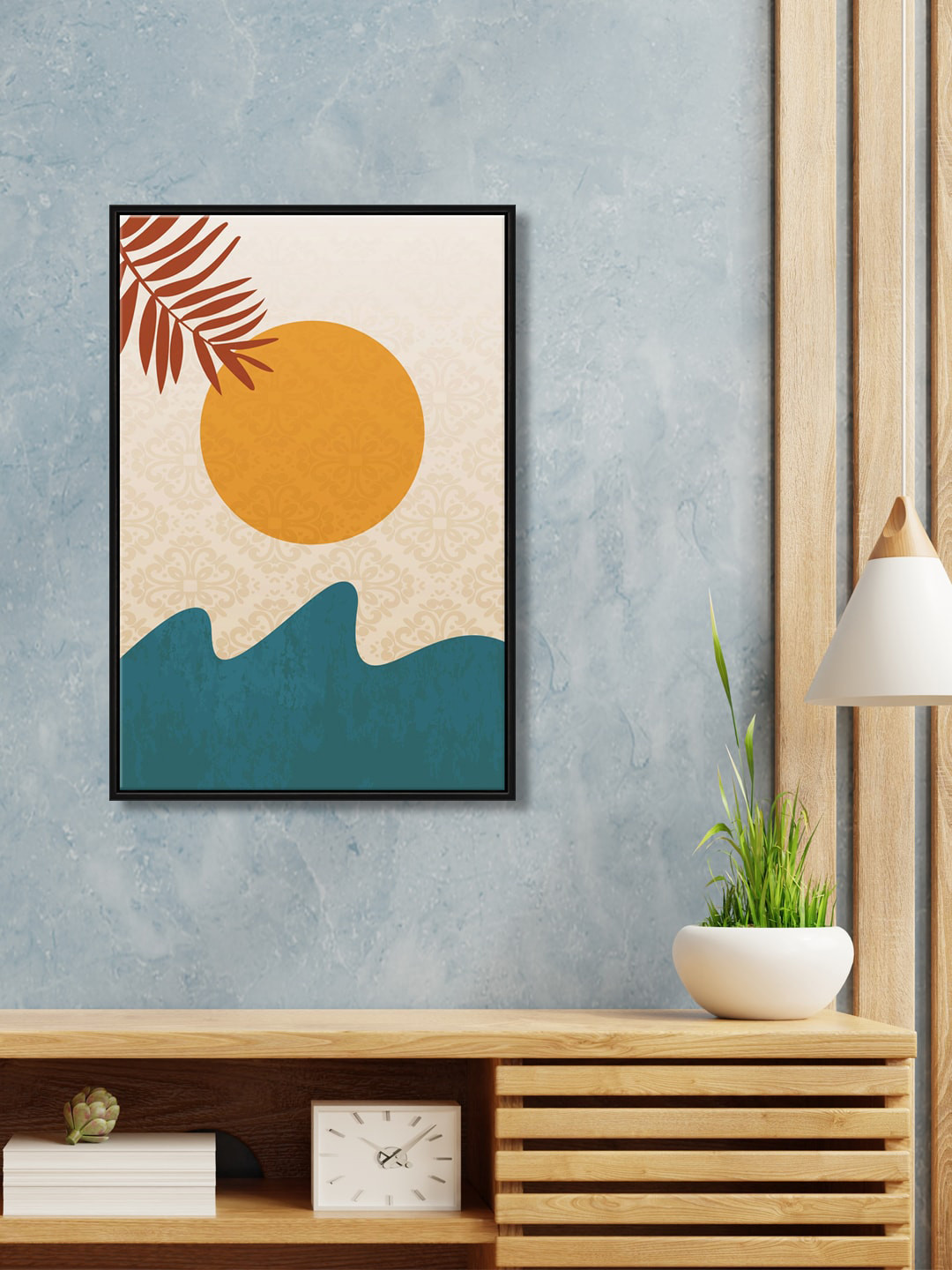 999Store Blue &Yellow Mountain With Sun Leaves Canvas Wall Art