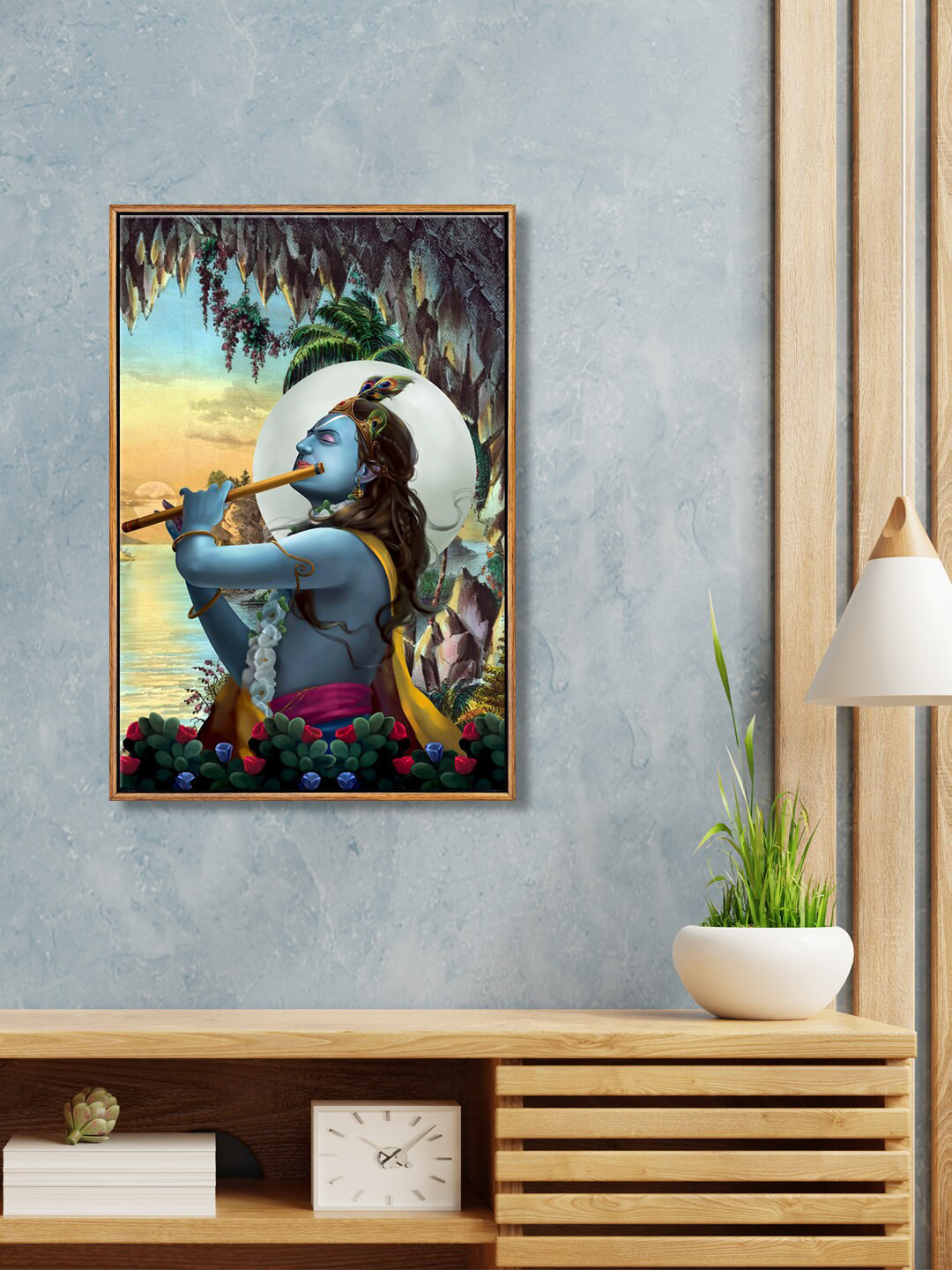 999Store Blue & Black Lord Krishna Playing Flute Framed Wall Painting