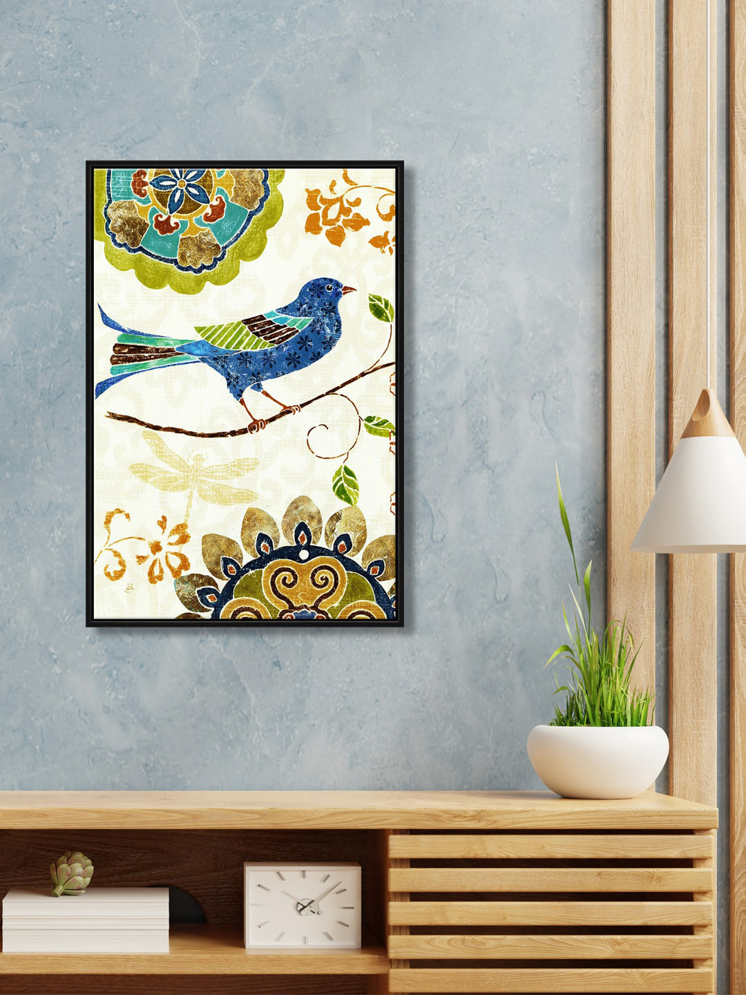 999Store White & Blue Floating Frame Eastern Tales Birds Painting Wall Art