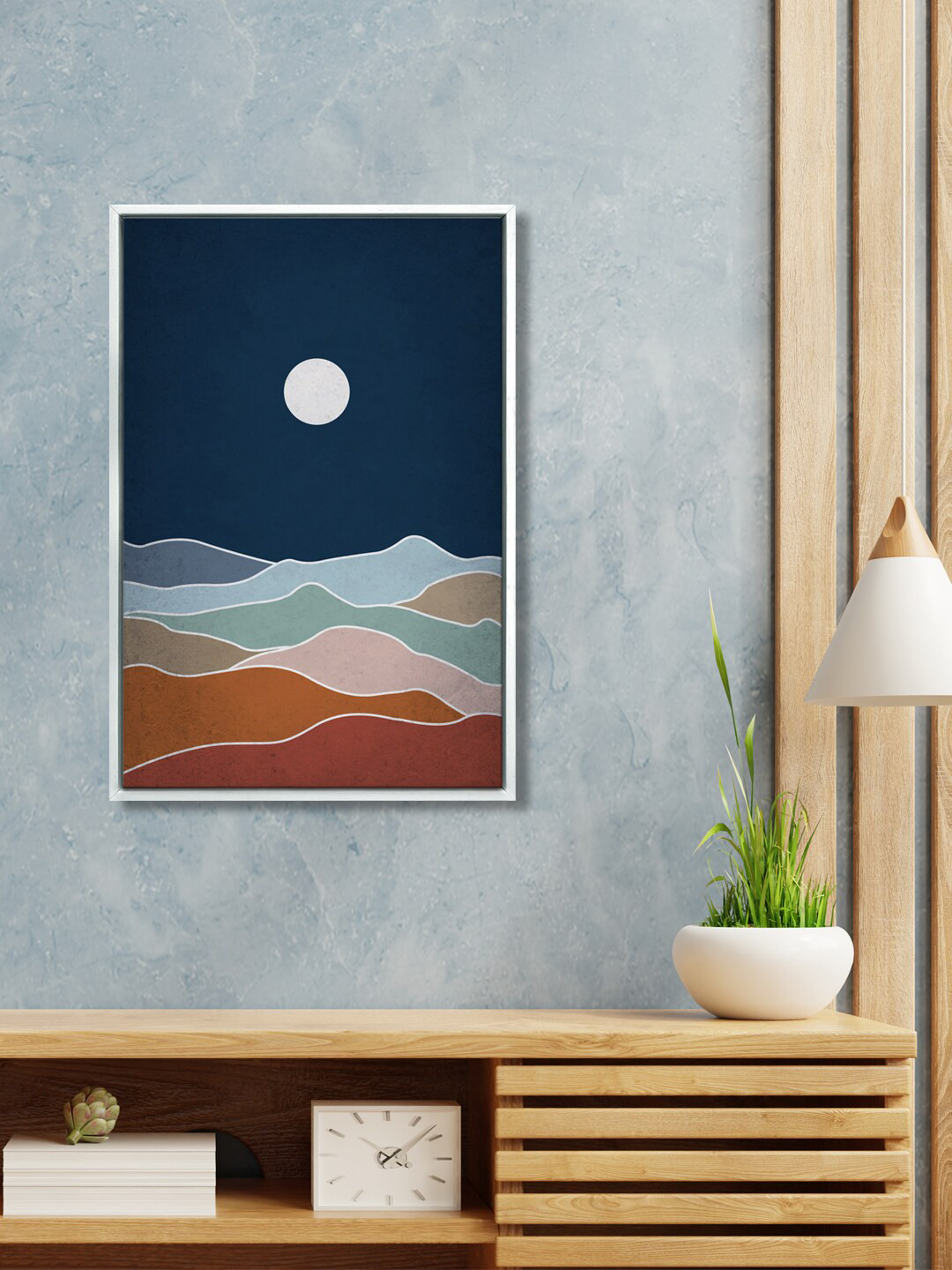 999Store Blue& Brown Mountain And Full Moon Canvas Wall Art