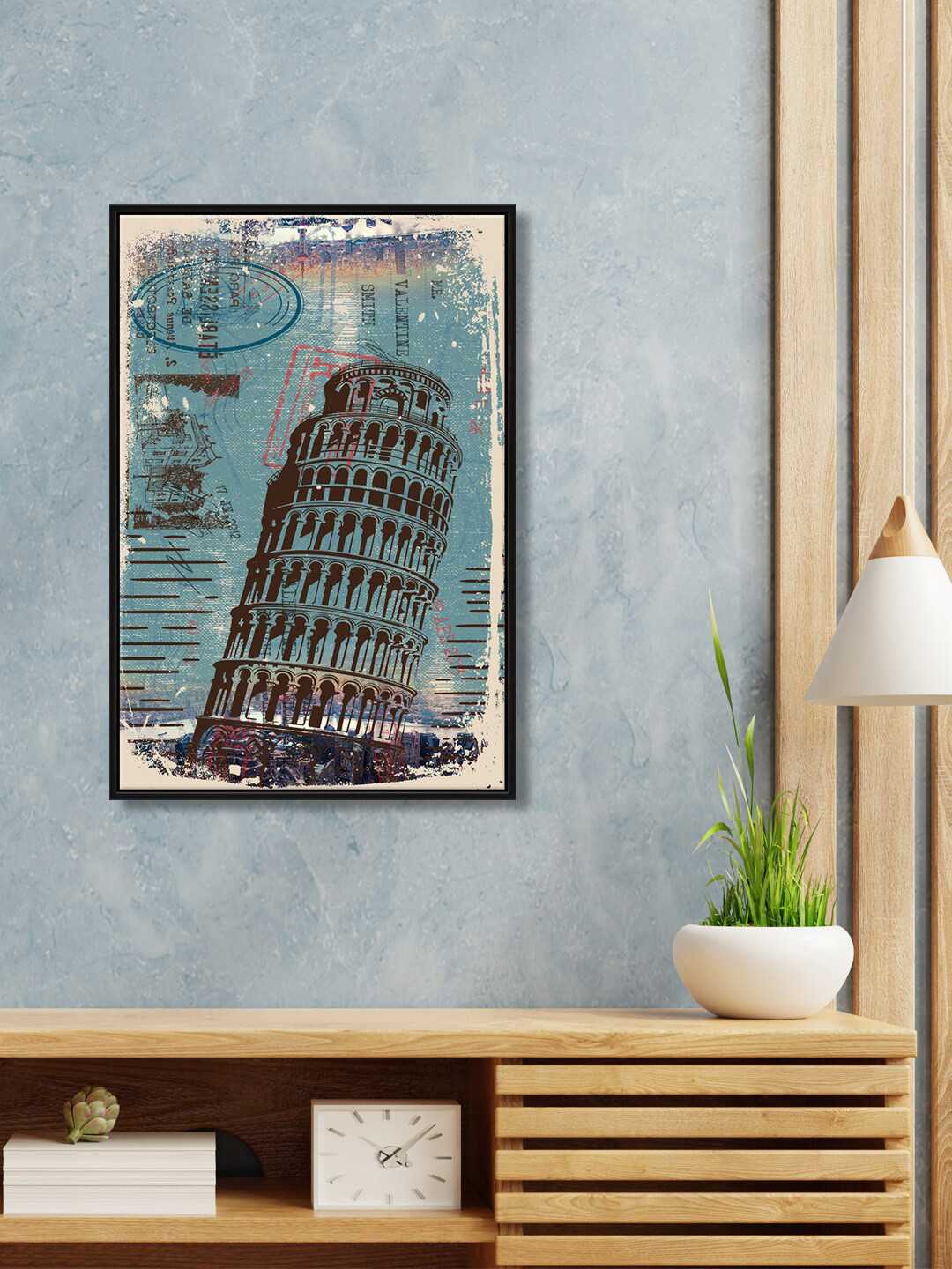 999Store Blue & Black Pisa Tower Printed Framed Wall Painting