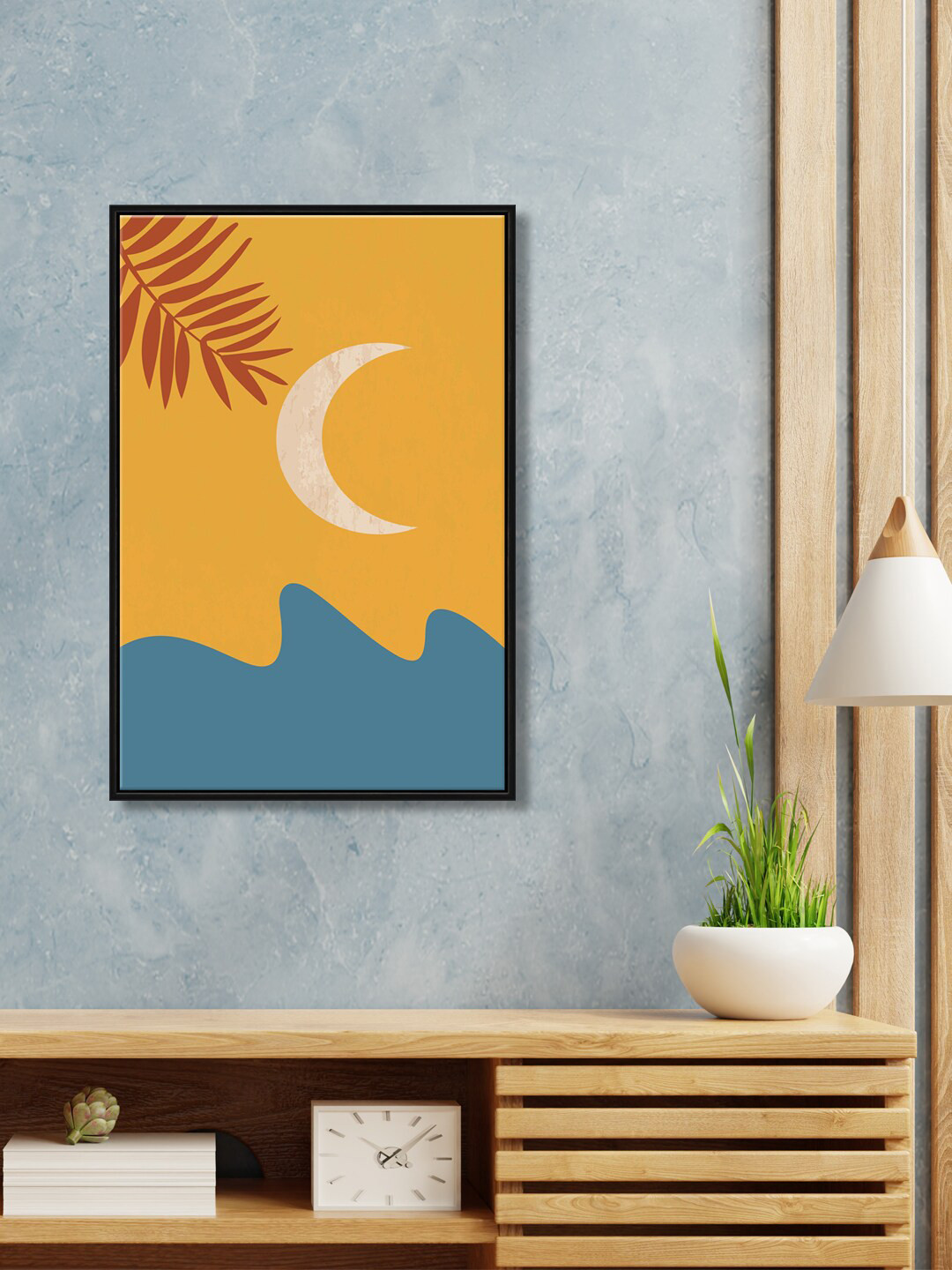 999Store Yellow & Green Mountain With Half Moon Leaves Framed Wall Painting