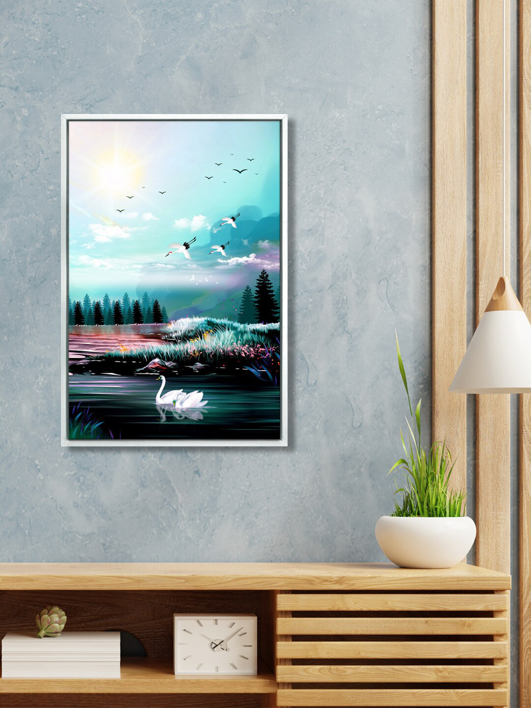 999Store Blue Nature Birds Cloud Grass Sun And Tree Painting Wall Art