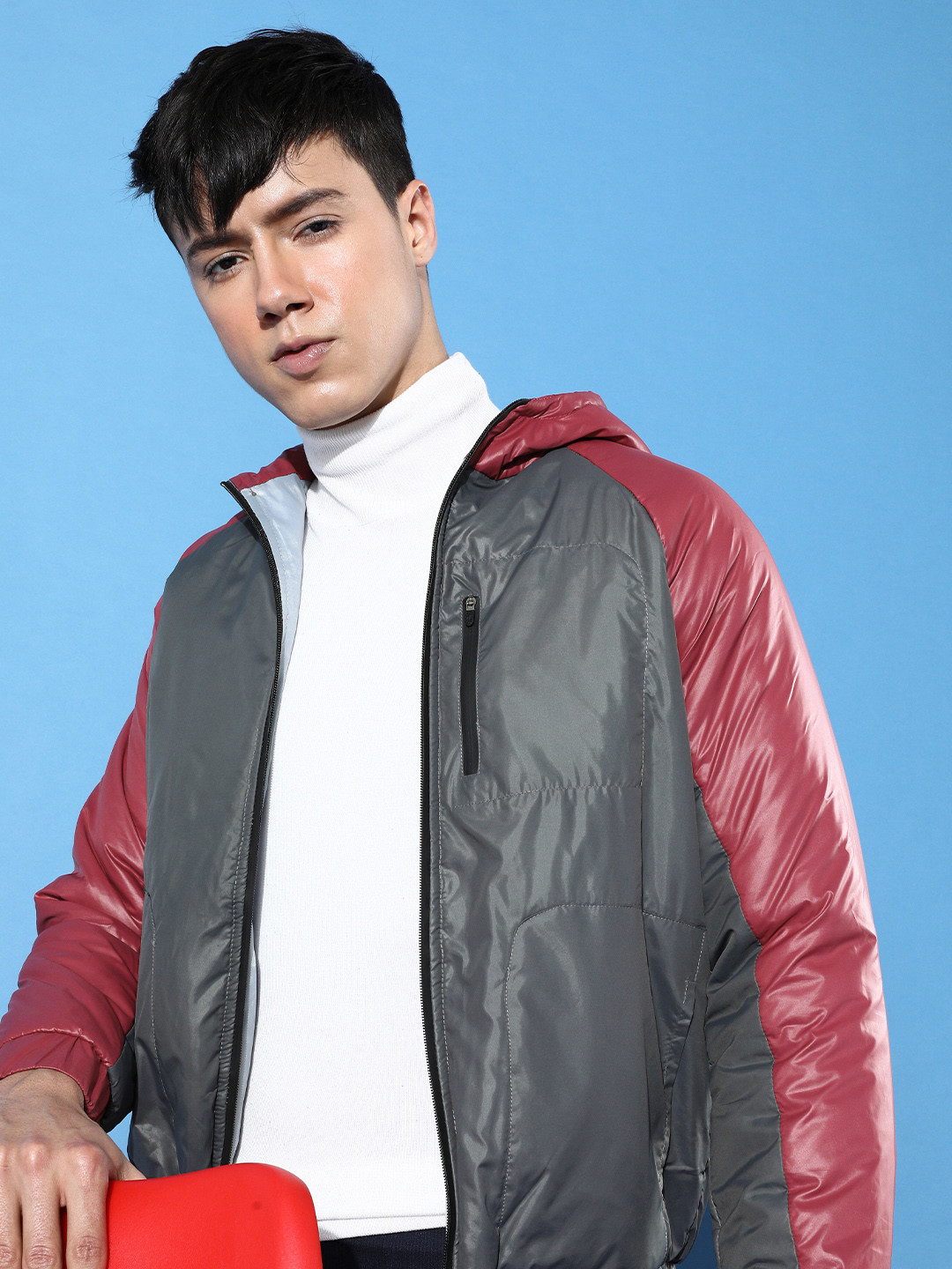 Mast & Harbour Men Steel Grey & Hot Wine Blocked Story Padded Jacket