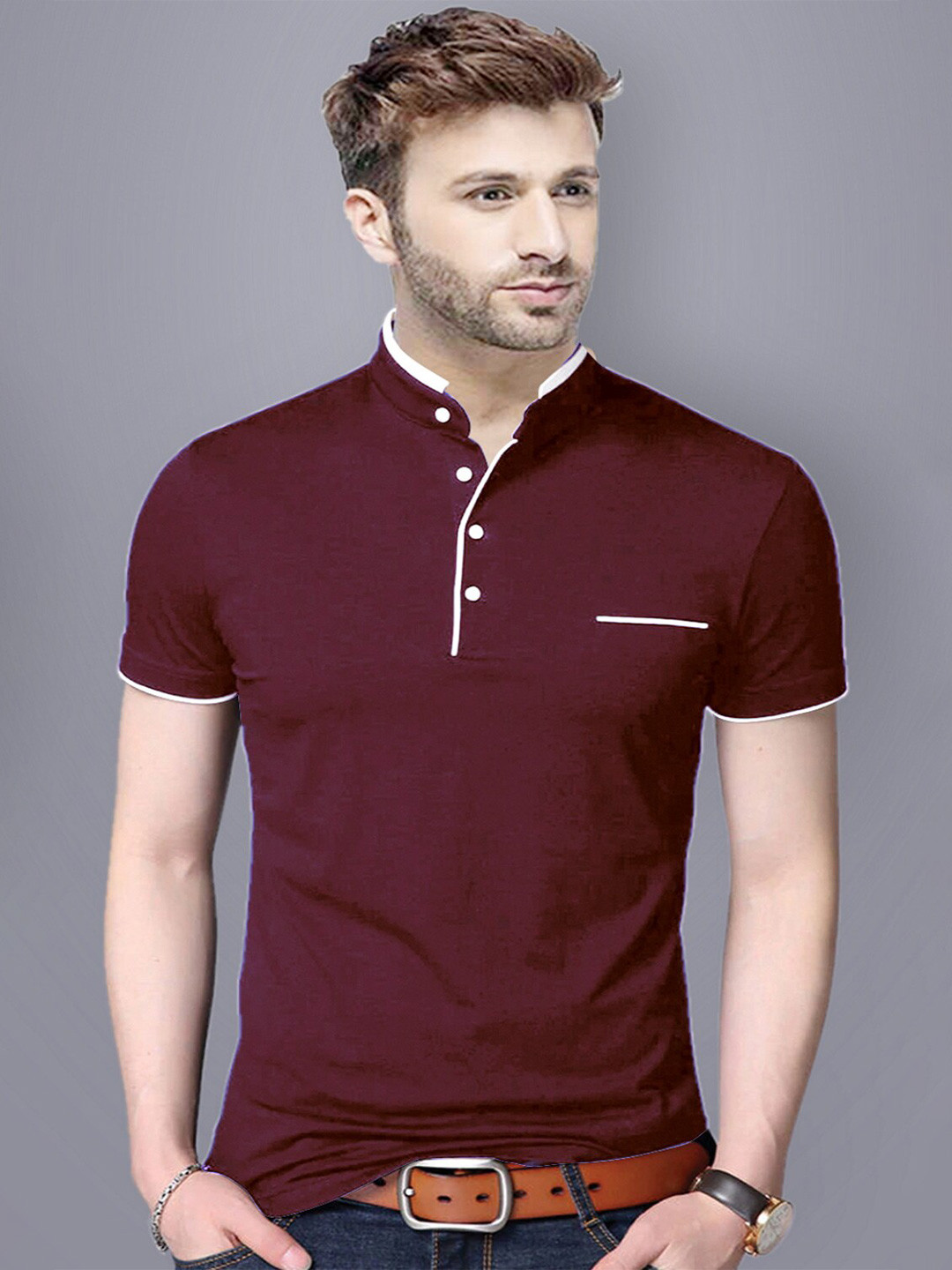 REYA Men Maroon Henley Neck T-shirt