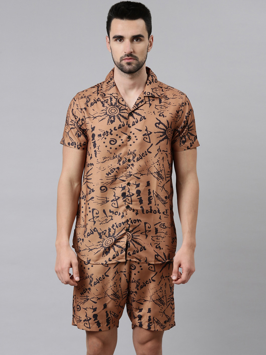 Bushirt Men Brown & Black Printed Night suit