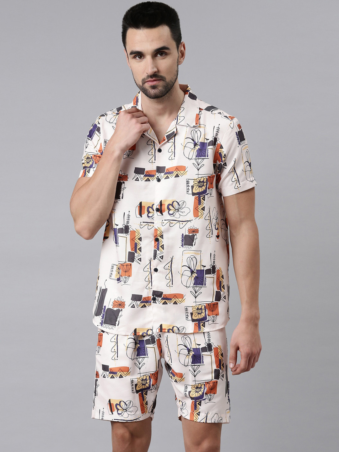 Bushirt Men Cream-Coloured & Red Printed Night suit