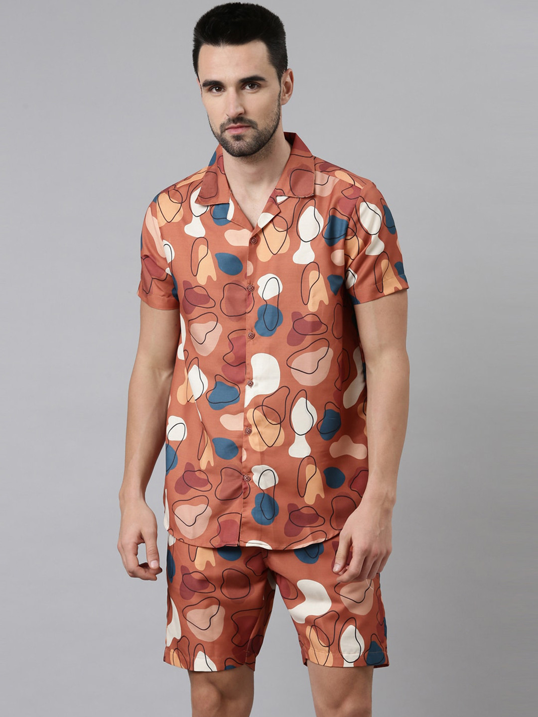 Bushirt Men Camel Brown & White Printed Night suit