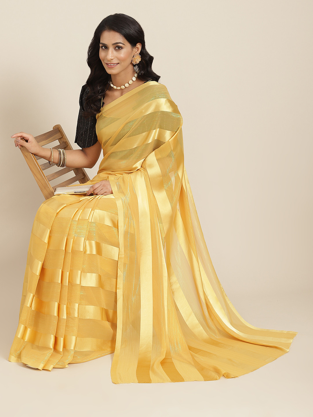 RAJGRANTH Yellow Striped Zari Silk Blend Saree
